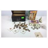 Foreign coins, Lincoln pennies, foreign paper