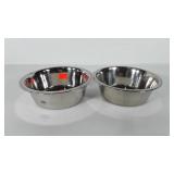 Two stainless steel pet food bowls, 8" and 8.5"