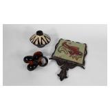 Signed tile trivet, African pottery vase and four