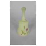 Fenton glass bell, satin green, handpainted Lilac