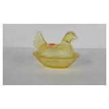 Yellow glass hen on nest, 7"