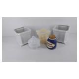 Decor items, two small ceramic planters, candle