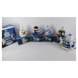 Set of ceramic Snowman teapot and 4 covered mugs,