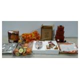 Holiday decor, cooking pans, lighted pumpkin box,