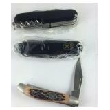 Three pocket knives/multi tool,one is marked rite