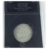 1897 Barber silver quarter, authenticated very