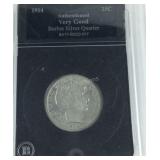 1914 Barber silver quarter, authenticated very