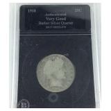 1910 Barber silver quarter, authenticated very
