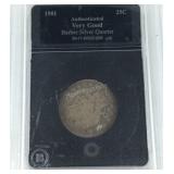 1901 Barber silver quarter, authenticated very