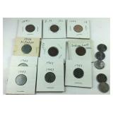 Six Indian head pennies and 10 steel War pennies