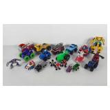 Toy cars and figures, includes some transformers