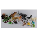 Group of plastic toy animals, and plush bat, Hot