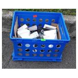 Plastic crate with misc. Fence post toppers