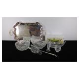 Silver-plated tray, six pieces of crystal and