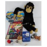 Group of toys, 2 Hot Wheels in packaging, another