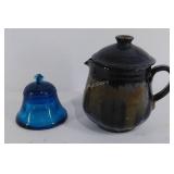 Pottery jug with lid 6" high, glass bell