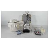 Mixed group, includes basket with towel, jewelry