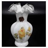 Glassware, Fenton yellow rose milk glass vase, 6"