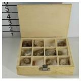 Wooden box full of limestone, quarts, and other