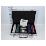 Poker set with case, chips, cards, and dice.