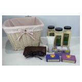 Basket with liner and toiletries, includes stress