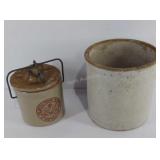Two stoneware crocks one with a lid, larger 6"