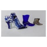 Glass, china, and metal decorative shoes, glass