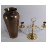 Brass decor items, vase, 2-arm candelabra, five