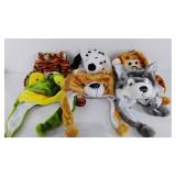 Group of six plush animal hats, new with tag, one