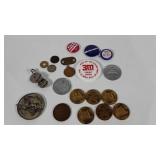 Tokens, political pins and coins