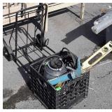 Hardware lot includes milk crate, Luggage bag