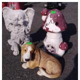 Three Gardening decor Figures, dogs, mushroom