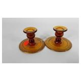 Amber glass candleholders, "Fingered Swirls",