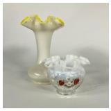 Fenton Glass, white vase with yellow interior, 7