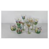 Painted glassware, includes three martini glasses