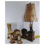 Group of decor items, lamp with shade, candle
