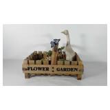 Home decor, flower garden basket, frogs, and
