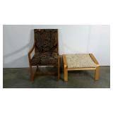 Paisley print arm chair and bent wood ottoman,