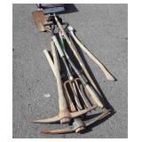 Long handled tools lot, picks, trench shovel,