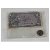 1943 penny and 1954 military payment certificate