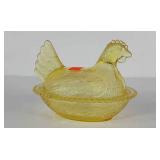 Yellow glass hen on nest, 7"