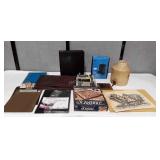 Office supplies, art prints, crock (cracks as