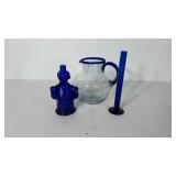Glassware, includes blown glass pitcher, cobalt