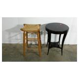 Rush seat stool and accent table, cracked as