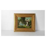 Girls in garden litho print, framed, 26" x 29.5"