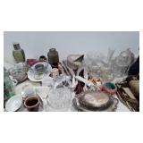 Home decor and glassware, vases, hook rug, mugs,