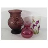 Three decorative vases, one crackle glass with