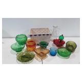 Colored glass group, relish bowls, candy dishes,