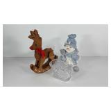 Holiday decor, glass sleigh, snowman statue and