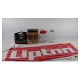 Stone planter box, 2 glass jars, lunchbox, and